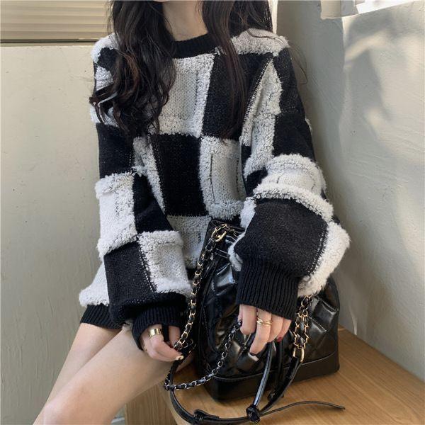 Autumn Womens Plaid Checkerboard Sweater And Winter Thickening Inside The Korean System Casual Design Sense Tops