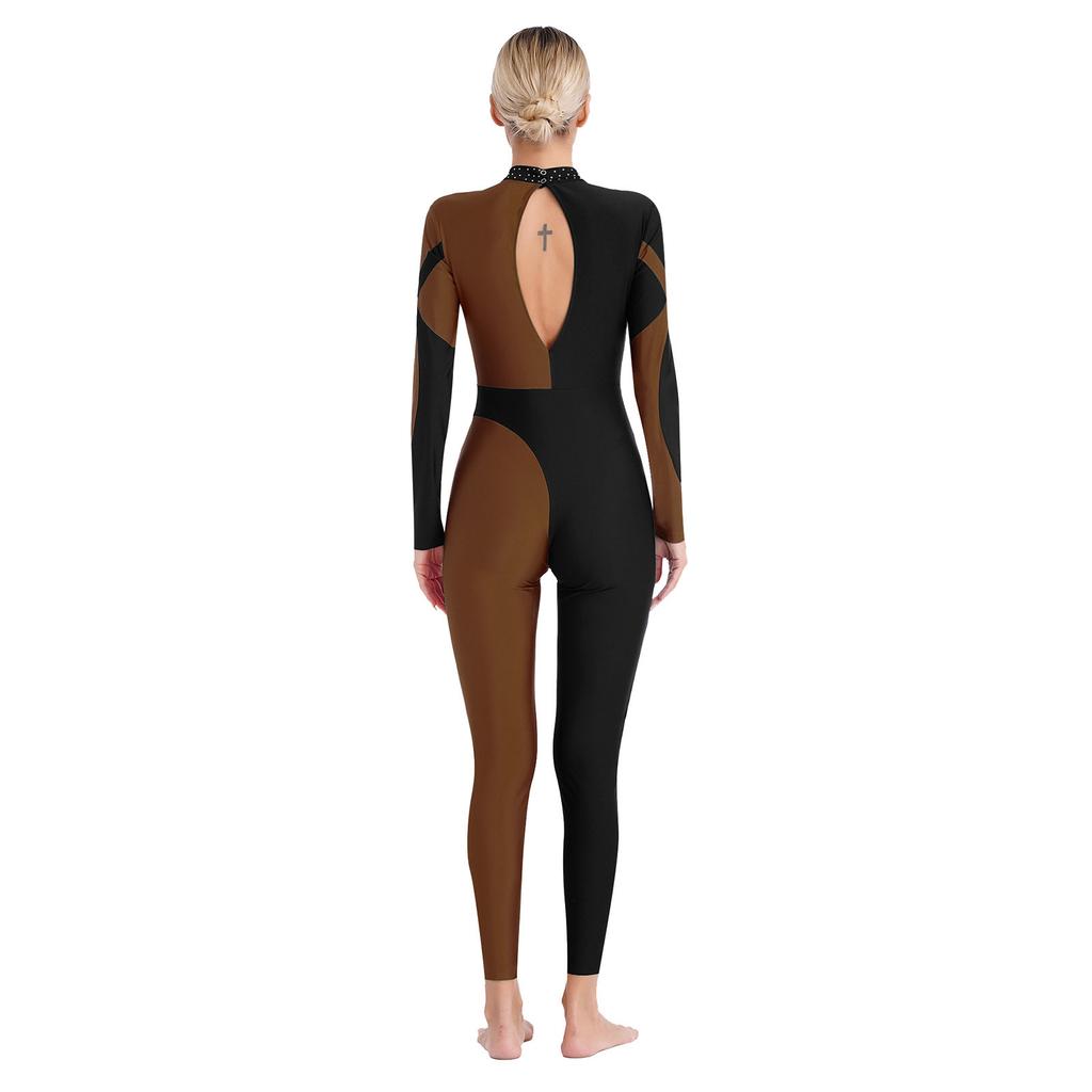 Женский гимнастический боди для фигурного катания, блестящие стразы, контрастная цветная лоскутная мозаика, комбинезон