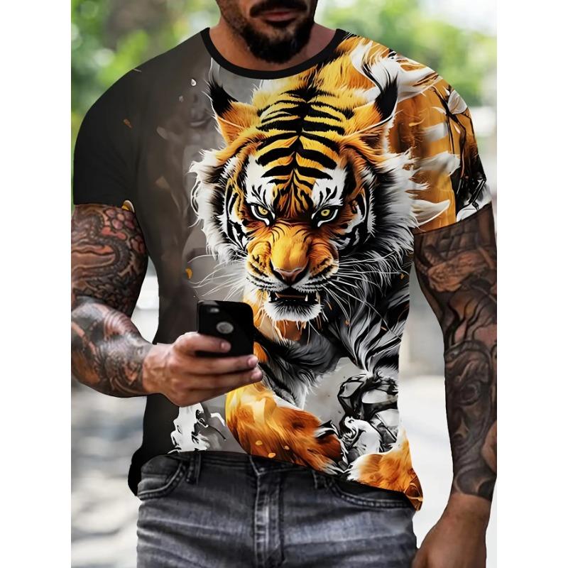 Roaring Tiger Face Printed T-Shirt for Men Trendy Short Sleeve Tees Cool Realistic Animal Graphic Round Neck Hip Hop Style Dark Streetwear Tops Male