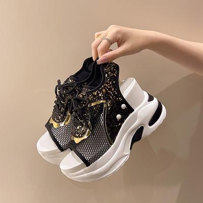 Модные женские сандалии из дышащей сетки, 8 см, 2024, новая удобная обувь, модные летние сандалии с открытым носком, на платформе, на танкетке, на высоком скрытом каблуке, для женщин