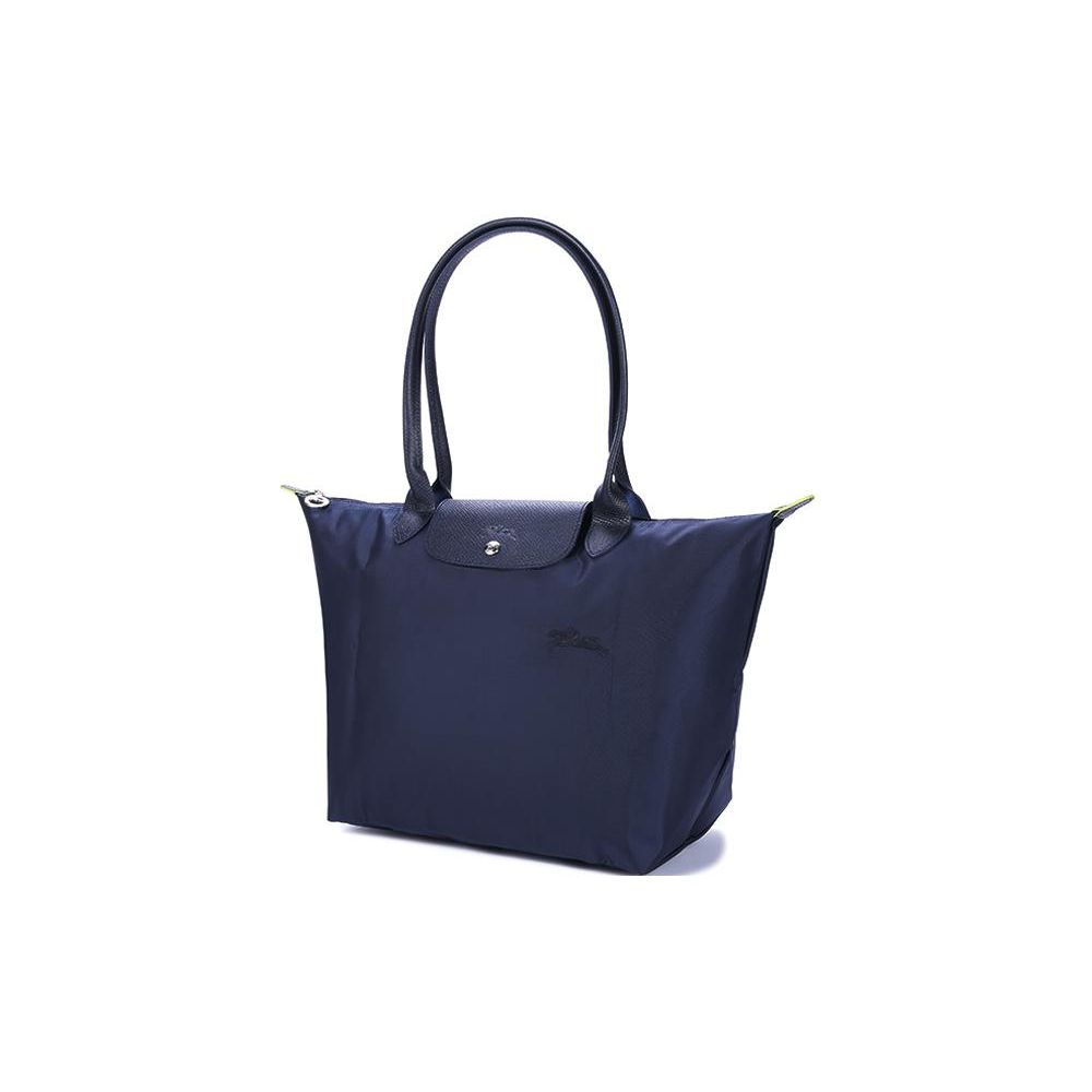 Longchamp Le Pliage Green Бренд Вышитый Логотип Холст И Кожа Сумка-тоут На плечо Большая Женские сумки Темно-синий 1899919P68