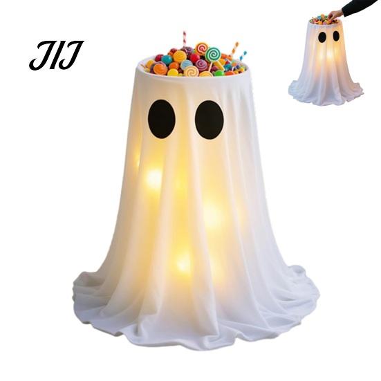 Festive Snack Serving Dish Lighted Halloween Ghost Candy Bowl Stand, Height Adjustable Large Holder with Figurine for Porch LED Light Trick or Treat,