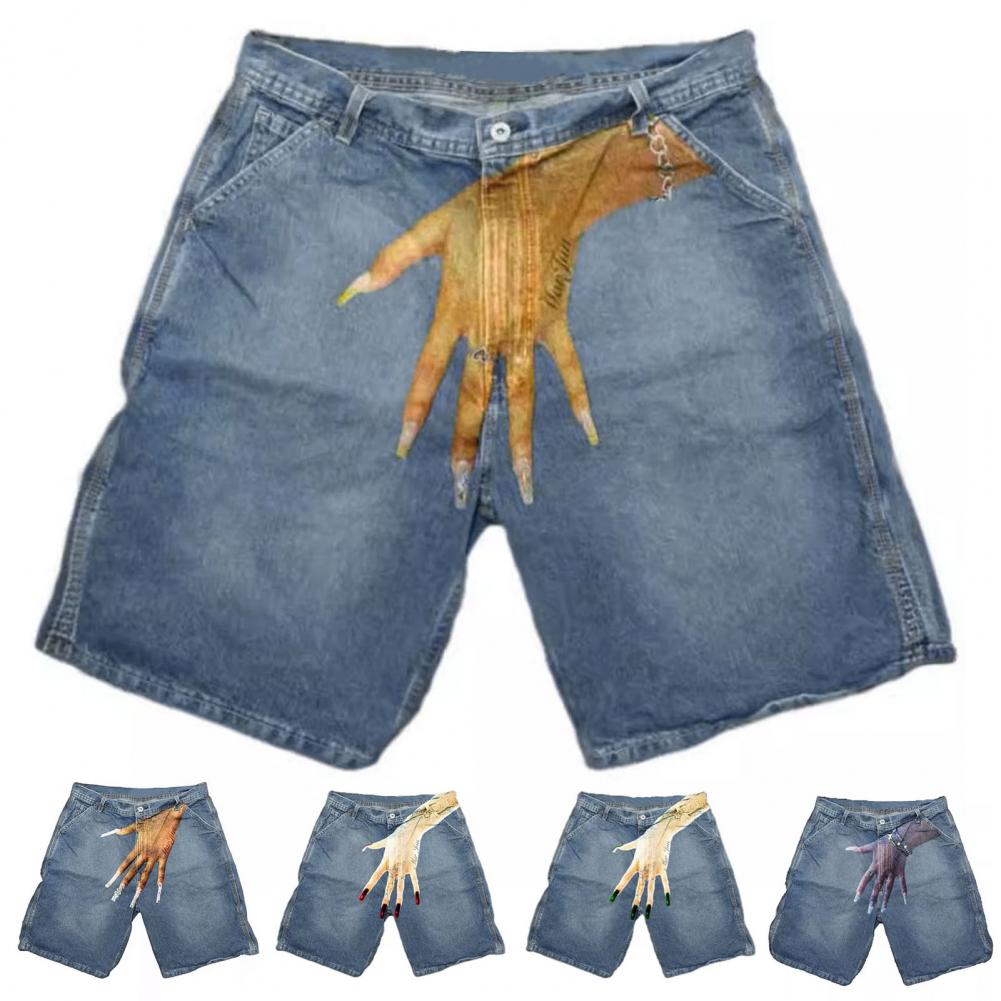 Мужские джинсовые шорты на пуговице и молнии, ручная роспись в стиле хип-хоп, короткие штанины с карманами, уличный стиль, повседневная одежда, короткие джинсы B, практичное использование