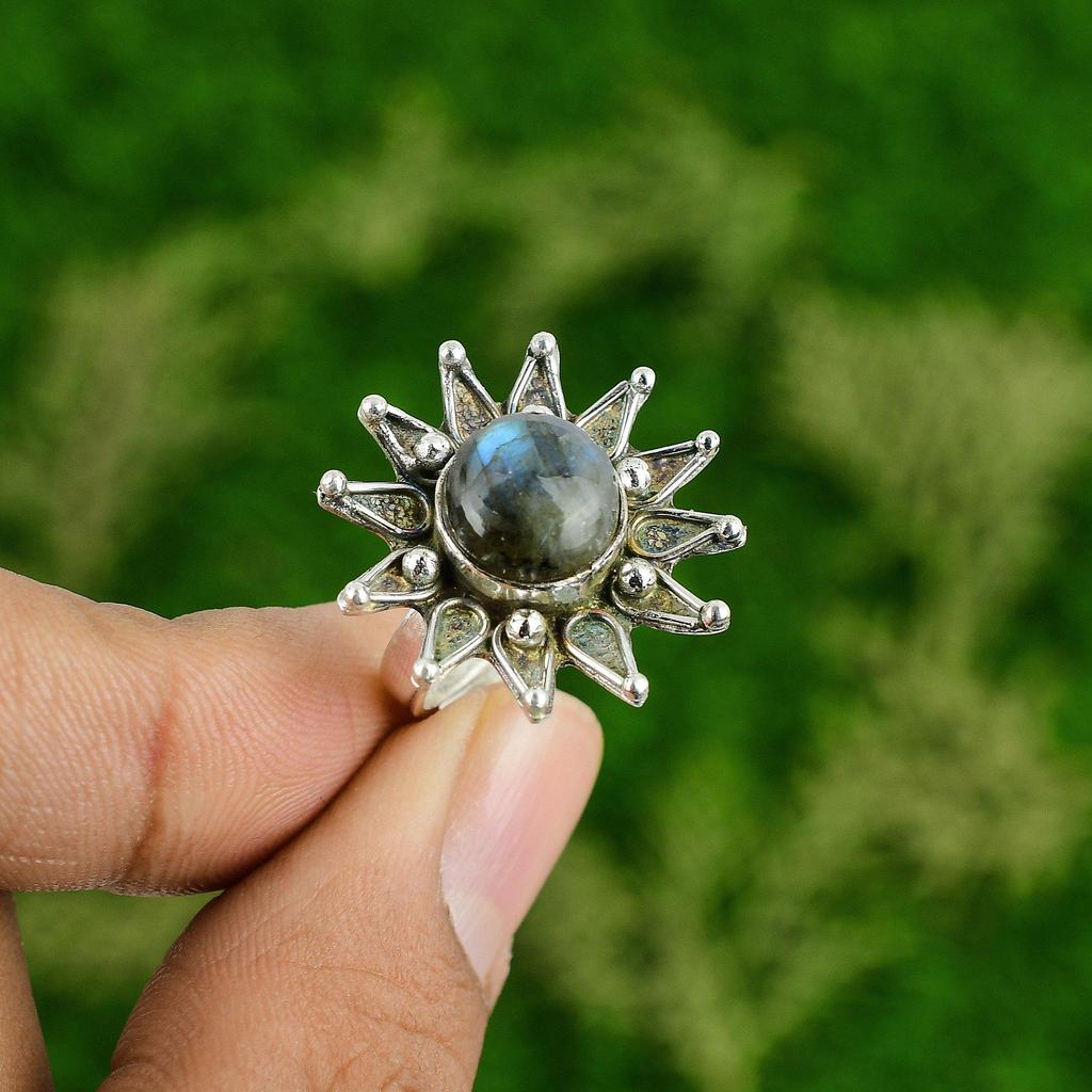 Labradorite Stone 925 Silver Handmade Flower Statement Promise Sister Boho Ring