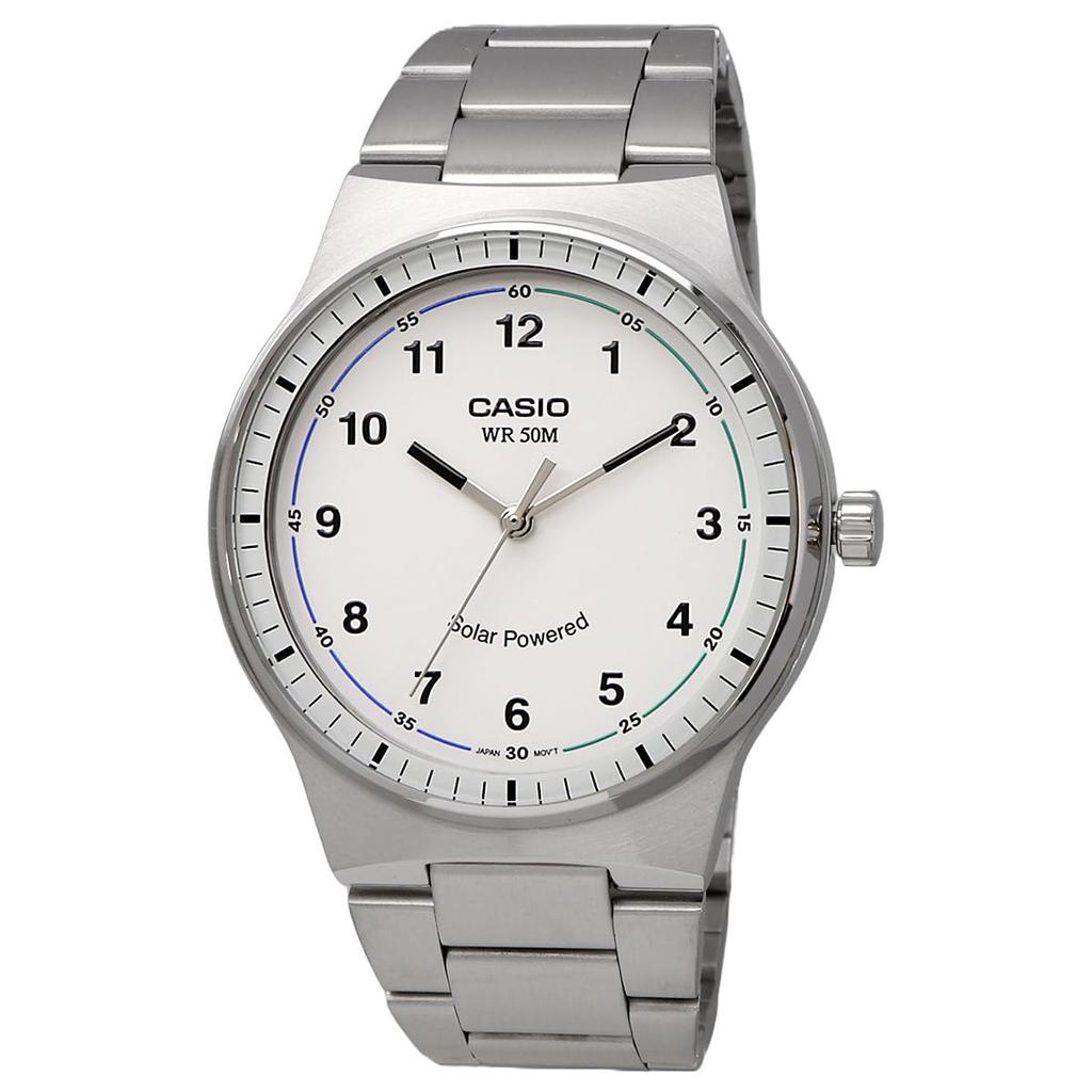 Casio Стандартные солнечные аналоговые 5 АТМ водонепроницаемые часы с белым металлическим ремешком Overseas модель [Casio] MTP-RS105D-7BV мужские [Товар]