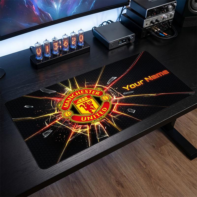 Manchester United Custom Large Mouse Pad, Personalized Name Text Print, Football Logo Non‑Slip Desk Mat Gaming Gift