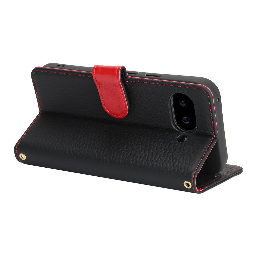 For Google Pixel 9a Stand Case Litchi Texture Genuine Cow Leather Wallet Phone Cover RFID Blocking