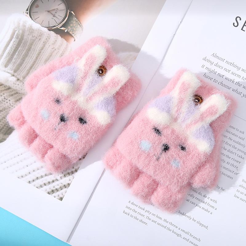 New Cartoon Cute Little Girl Winter Warm Gloves for Outdoor Cycling To Prevent Cold Baby Writing Half Finger Flip Up Cover