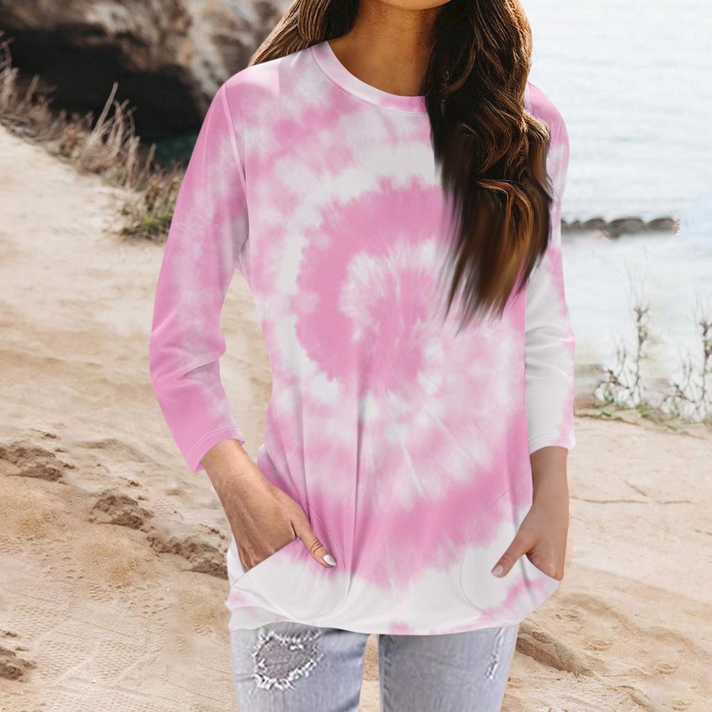 Женская модная повседневная футболка с карманом и круглым вырезом с рукавами 3/4 и топом