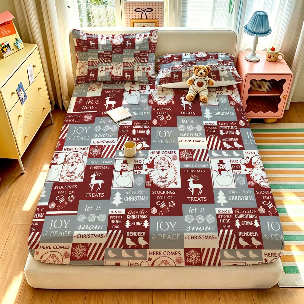 Christmas theme fitted sheet Christmas Tree Red Printed Coreless Bed Sheet Set Multi Size Bed Cover Holiday Decoration