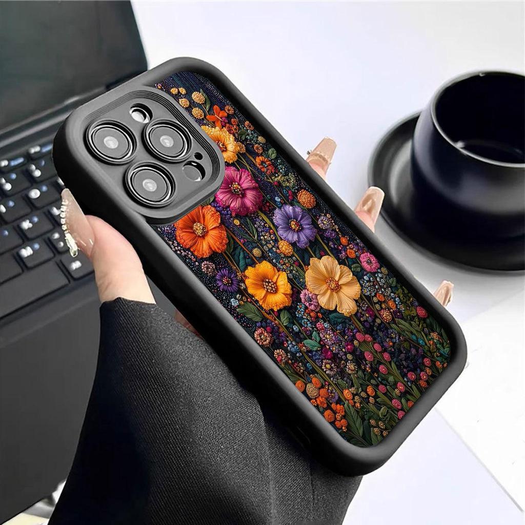 Черный кейс с рифленым цветочным узором для iPhone 14–17 Pro Max