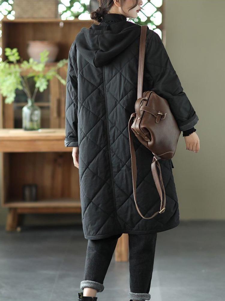 Осеннее винтажное пальто большого размера с капюшоном в виде ромба, женская зимняя новая хлопковая куртка, свободная повседневная куртка средней длины с контрастными цветами и подкладкой из хлопка