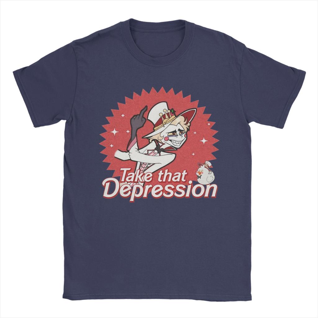 Крутая футболка Hazbins Hotels Take That Depression Lucifer для мужчин, с круглым вырезом, из чистого хлопка, с коротким рукавом, оригинальная одежда
