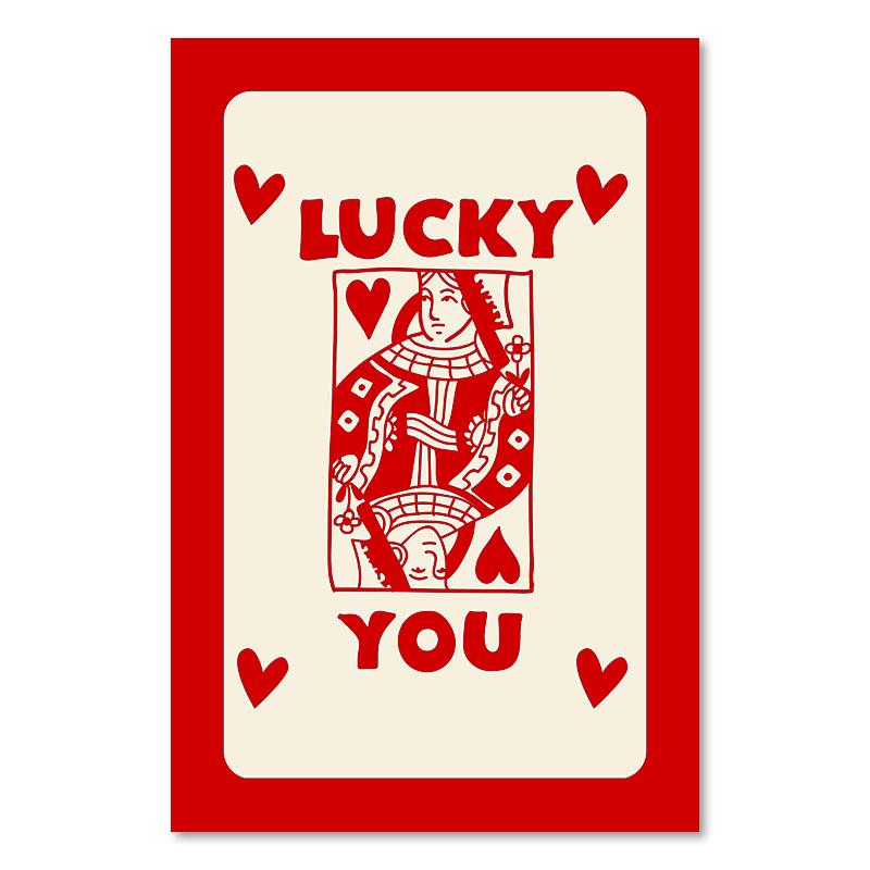 Забавный постер на холсте Lucky You, модный ретро-плакат с изображением карты красного туза, настенное искусство, скандинавская покерная живопись для гостиной, спальни, домашний декор