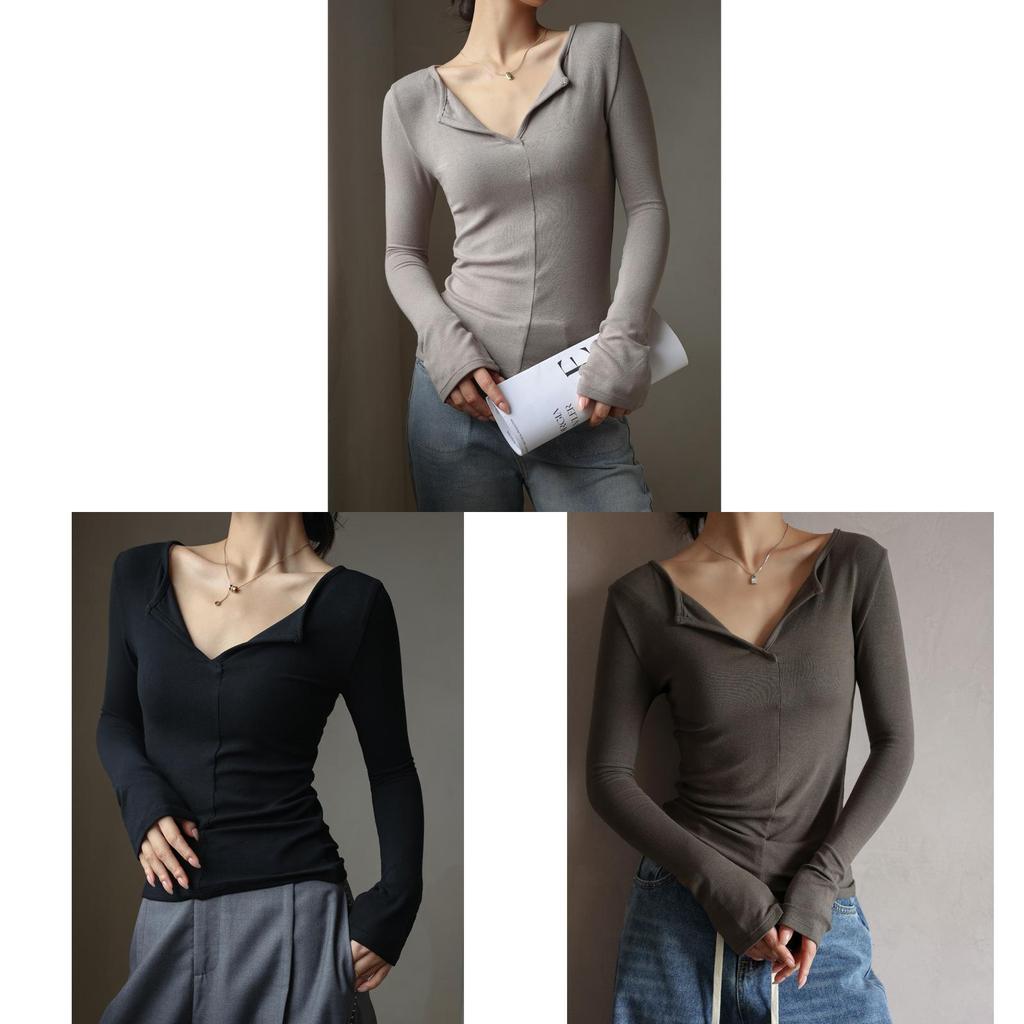 Minimalist Modale V Neck T Shirt For Women With Snake Bone Pattern For Autumn Winter Casual Wear