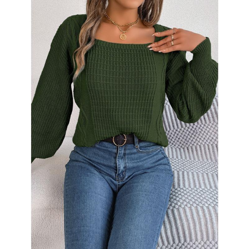 Женский осенне-зимний повседневный однотонный вязаный свитер с квадратным вырезом и рукавами-фонариками