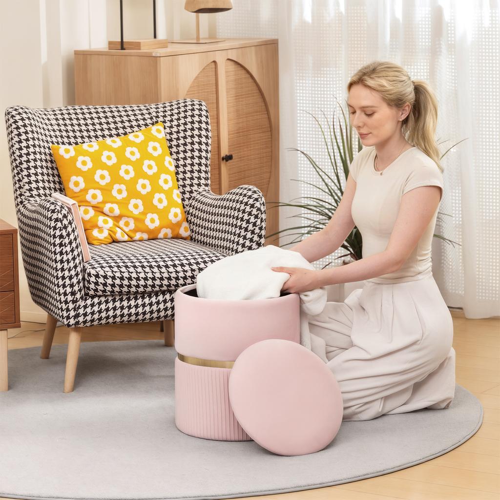 Velvet-Feel Storage Ottoman - Pink