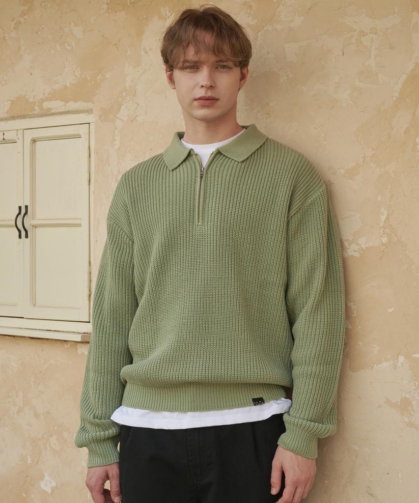 ESN Punched Collar Neck Half-Zip Knit Olive