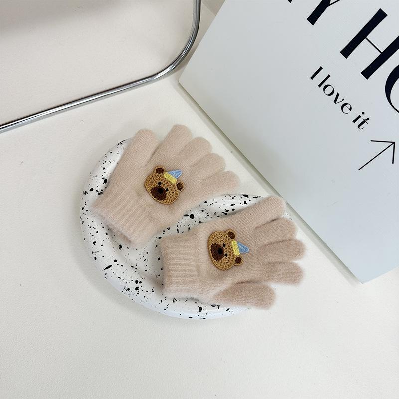 Korean Version of Cartoon Plush Children's Gloves Cute Bear Knitted Five Finger Gloves  Male and Female Baby Writing Finger Gloves