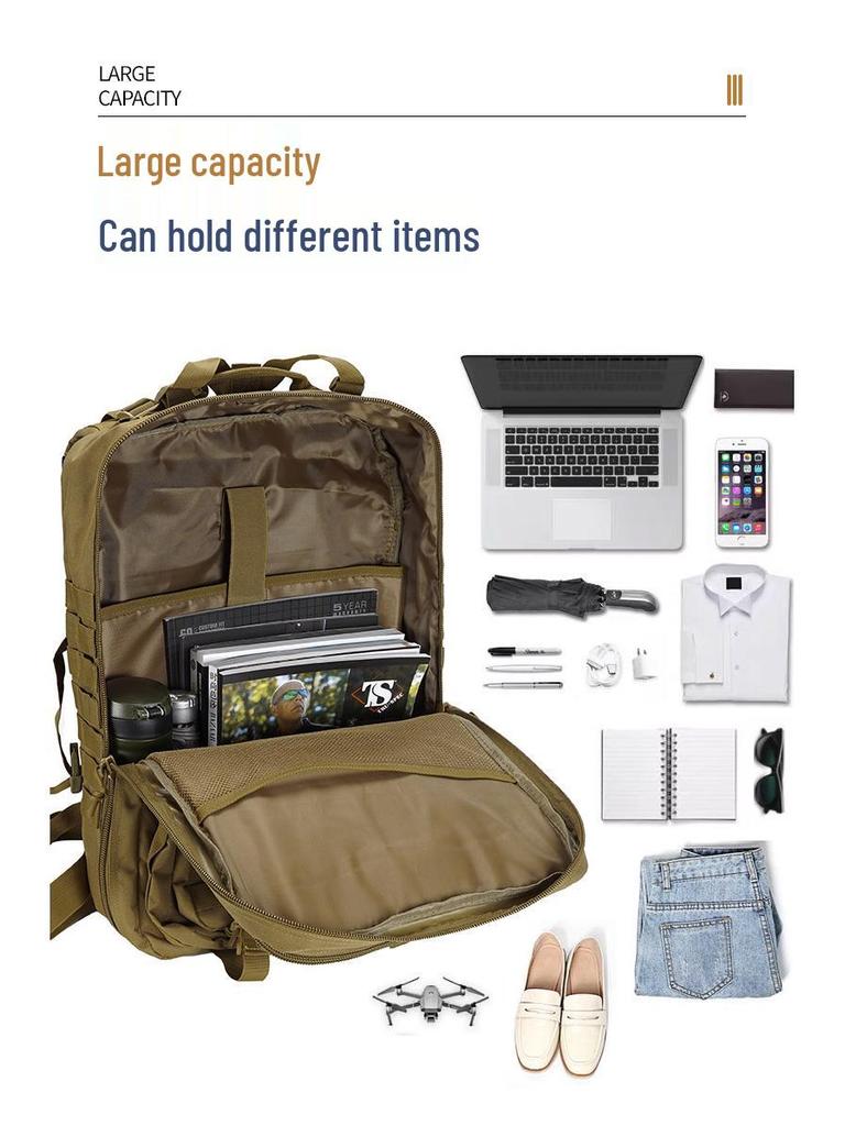 In Stock: 720D Waterproof 45L Tactical Backpack - Molle Expandable, Outdoor 3P Assault, Large Size, Shoulder Strap