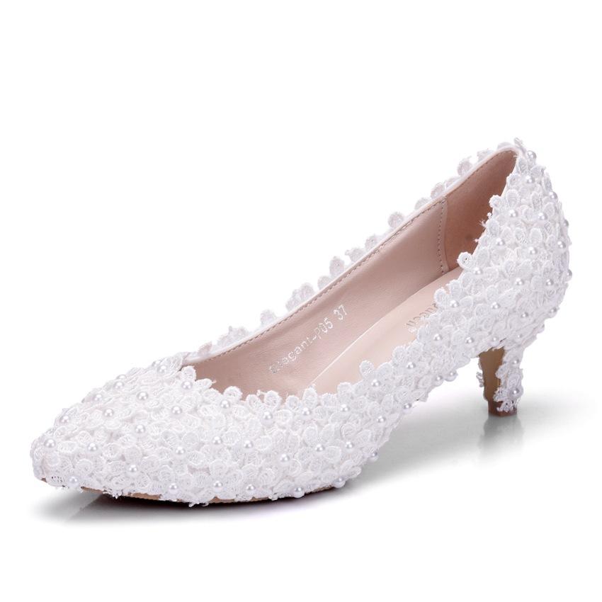 Fashion Wedding Pumps Flower Pearl Pointed Toe Shallow PU 5CM Thin High Heels Princess Pointed Toe Platform Heels Women Shoe