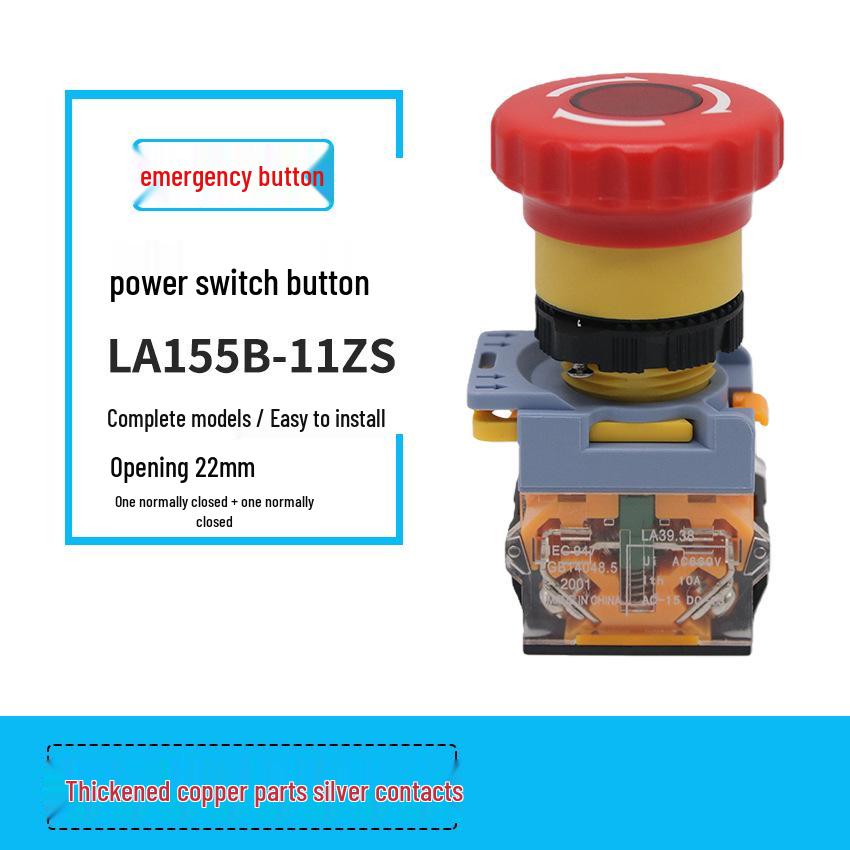 Emergency Stop Button Switch, No Light, 22MM, One Open/One Close, Silver Contact, Copper Parts, LA155B-11ZS.