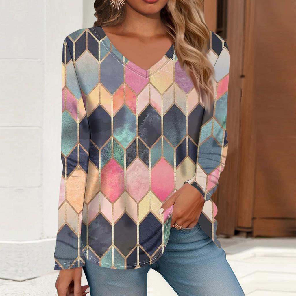 Women's T Shirt Retro Print Long Sleeve Daily Weekend Daily Basic V Neck Regular  Fall Winter Tops