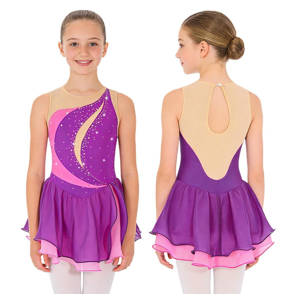 Детское платье для фигурного катания на льду для девочек, костюмы для соревнований без рукавов со стразами, юбка-пачка для балета и танцев