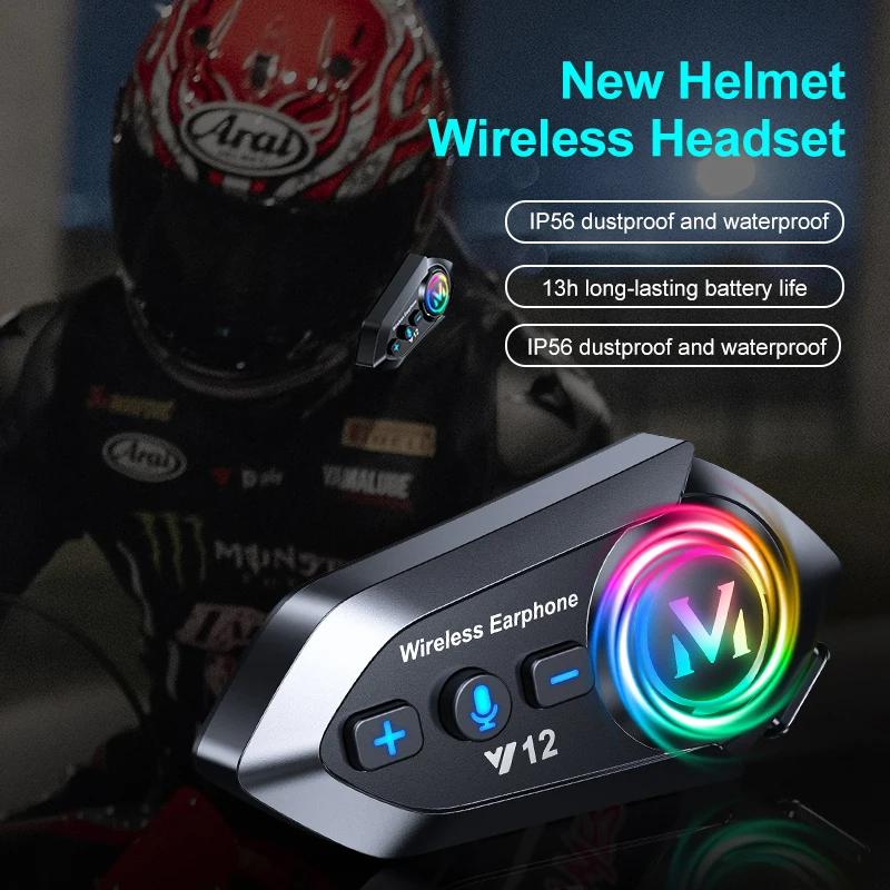 Y12 500M Two Rider Wireless Bluetooth 5.4 Motorcycle Helmet Headphone IPX6 Waterproof 800mAh Noise Canceling RGB Color FM Radio Headset