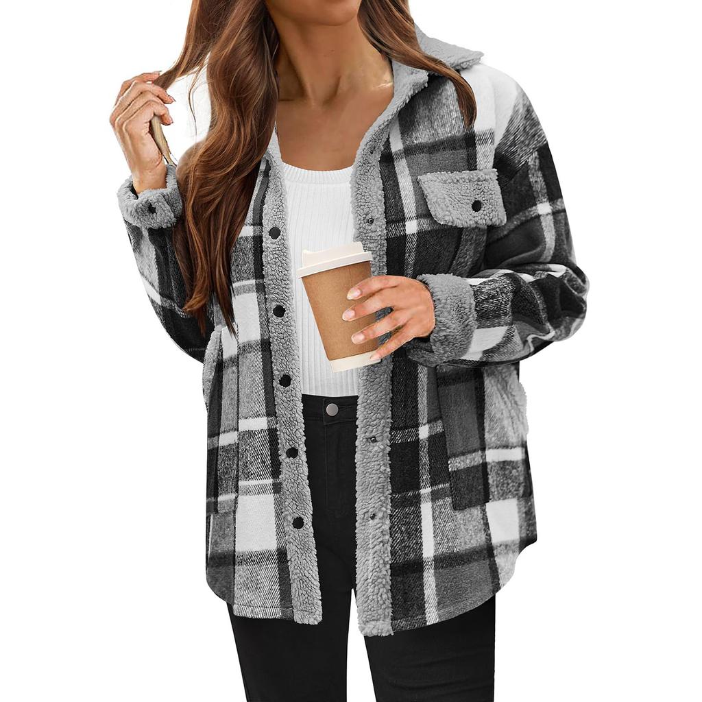 Women's Fashion Loose  Color Plaid Pocket Casual Lapel Plush Jacket Coat