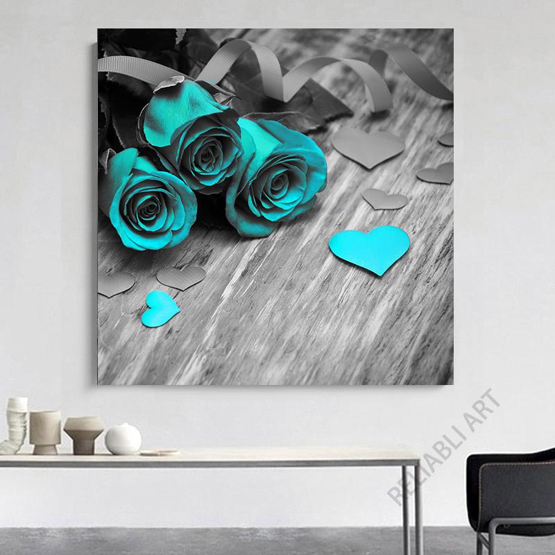 Винтажные бирюзовые настенные художественные розы, печать на холсте, фотографии, романтические постеры о любви для спальни, декора гостиной, Cuadros