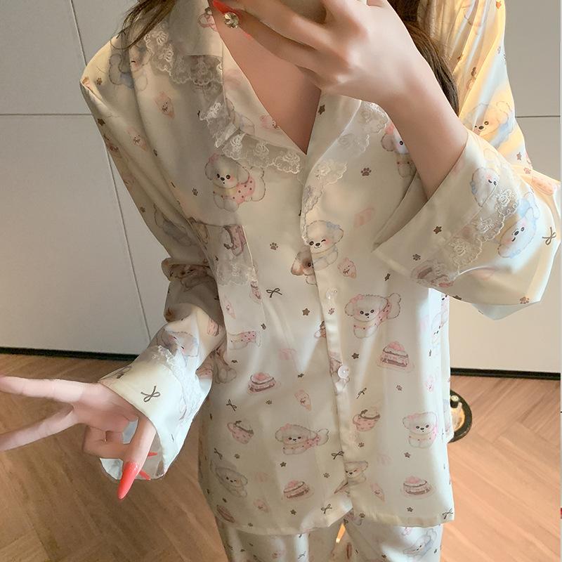 Coffee puppy cartoon pajamas women's early spring ice silk cute long-sleeved suit, comfortable loungewear outside