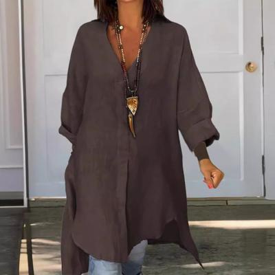 Женская рубашка с V-образным вырезом, длинным рукавом, боковыми разрезами, пуловер, топы, однотонные