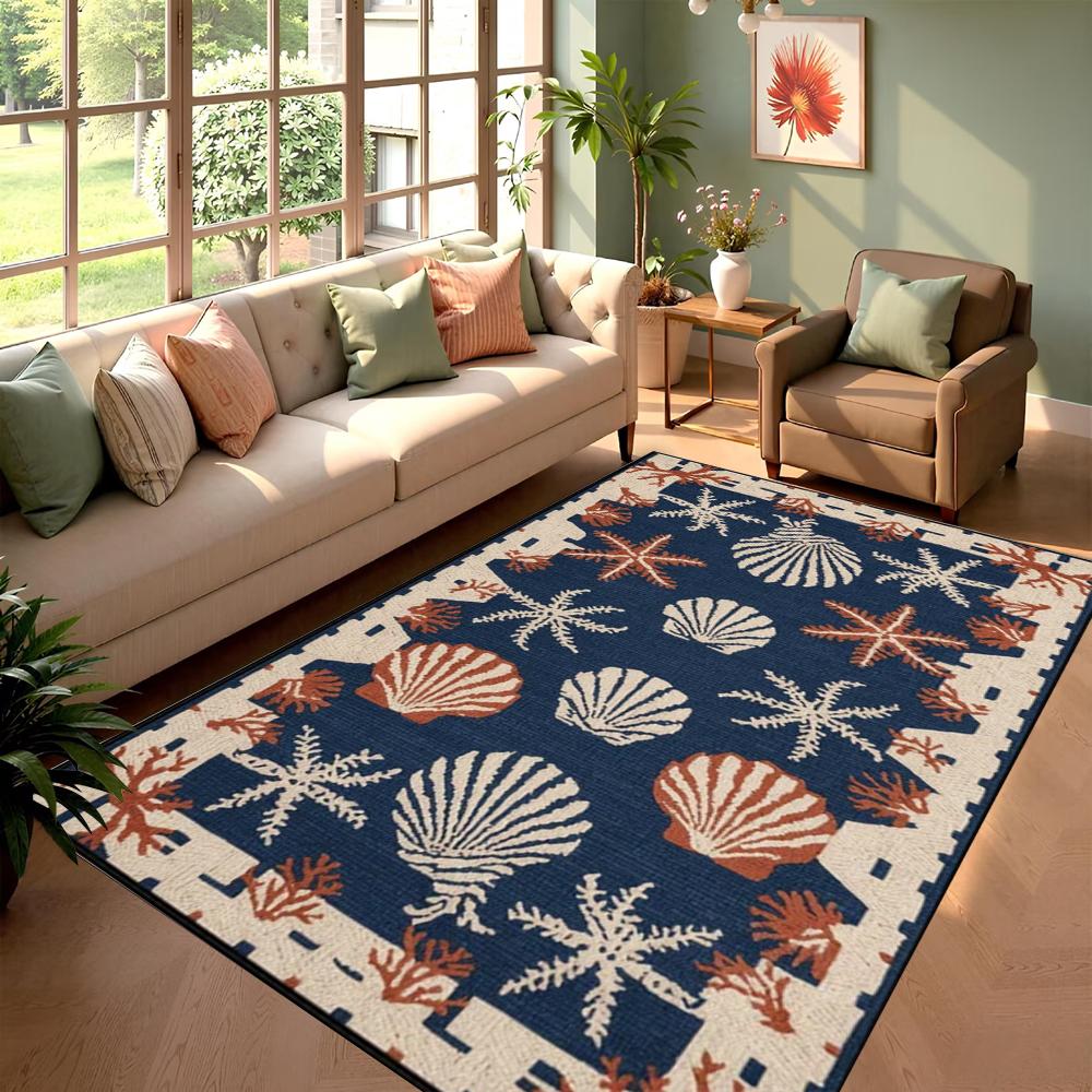 Blue Shell Ocean Element Carpet Rug for Living Room Bedroom Decor Kid Paly Mat Entrance Mat Home Rugs Balcony Kitchen Indoor