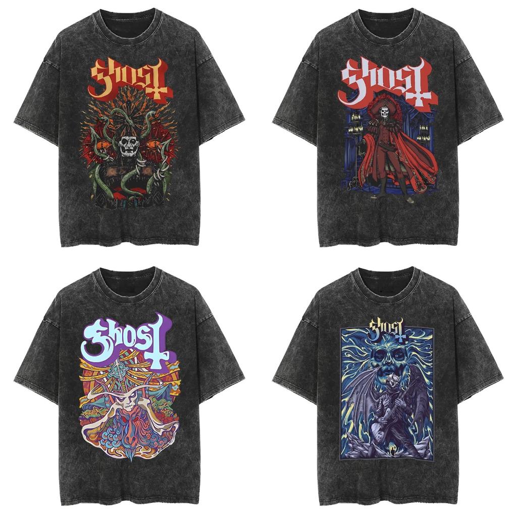 Стирка Винтажная Футболка с Логотипом Ghost Мужская Женская Летняя Оверсайз Футболка Мужская 90-х Готическая Уличная Одежда Мужчины Женщины Рок Металл Музыка Футболки