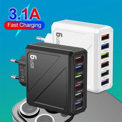 3.1A 6-портовое USB-зарядное устройство для быстрой зарядки QC3.0 Дорожное зарядное устройство для iPhone 15 14 Samsung Xiaomi Адаптер для мобильного телефона EU US UK KR Plug