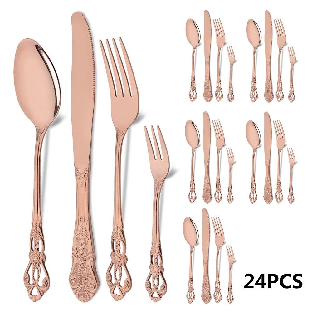 24 шт. Радужный набор столовых приборов, кухонные столовые приборы из нержавеющей стали, нож, вилка, ложка, вилка для торта, винтажный королевский набор посуды