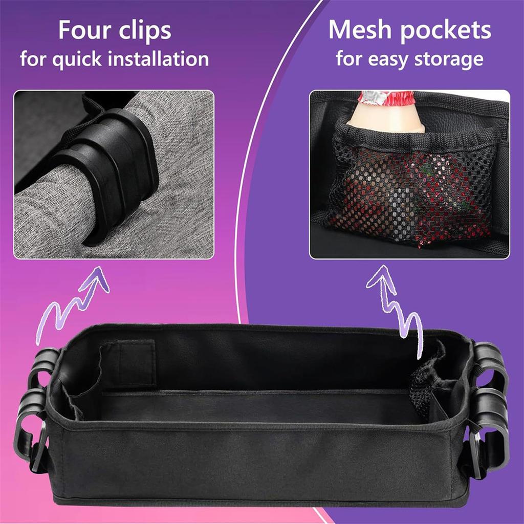 Double Sided Stroller Tray for Snacks & Activities Featuring Faux Leather Side for Eating, Polyester Side for Activities