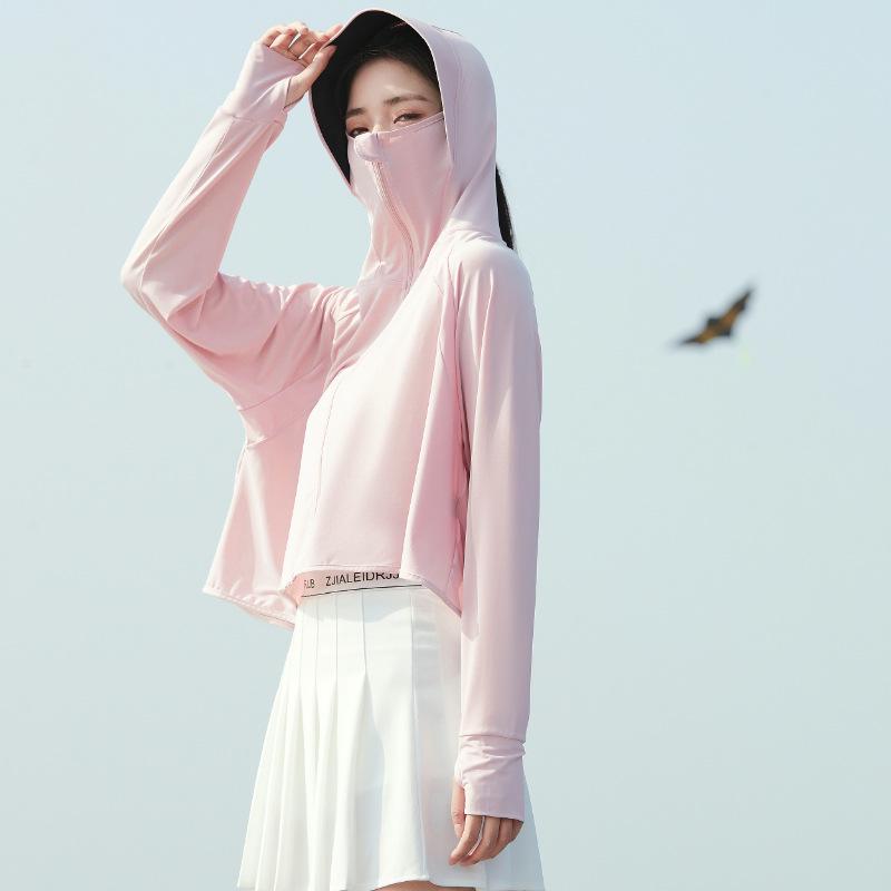 Женская черная куртка Ice Silk с капюшоном 2024 года — дышащая, с защитой от ультрафиолета и солнца