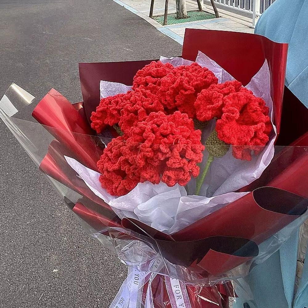 Heart Shaped Knitting Flower Carnation Flower Hand Woven Flower Creative DIY Bouquet Holiday Gifts