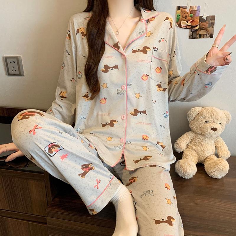 Retro puppy stars ins girl pajamas casual loungewear long sleeves trousers set can be worn outside