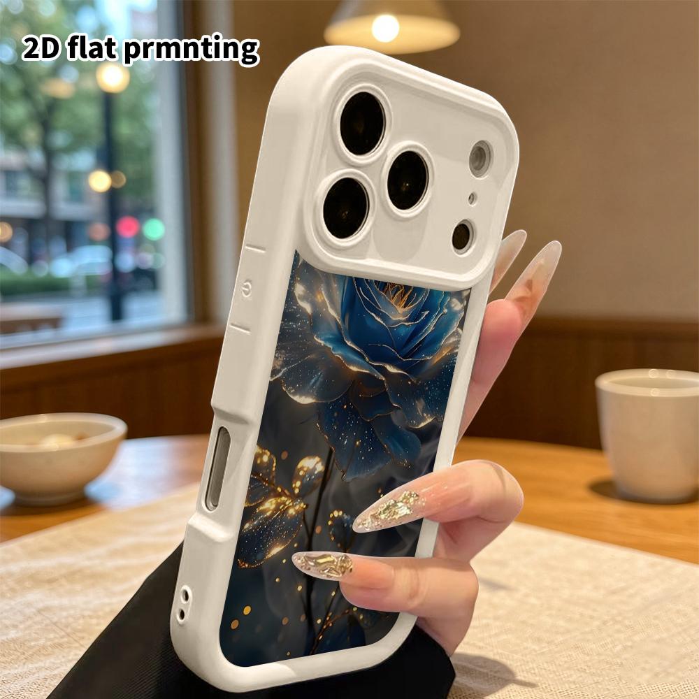 Phone case: 2D flat design suitable for iPhone 18 17 16 15 14 13 Pro step protection case, blue rose, Christmas and Halloween gift