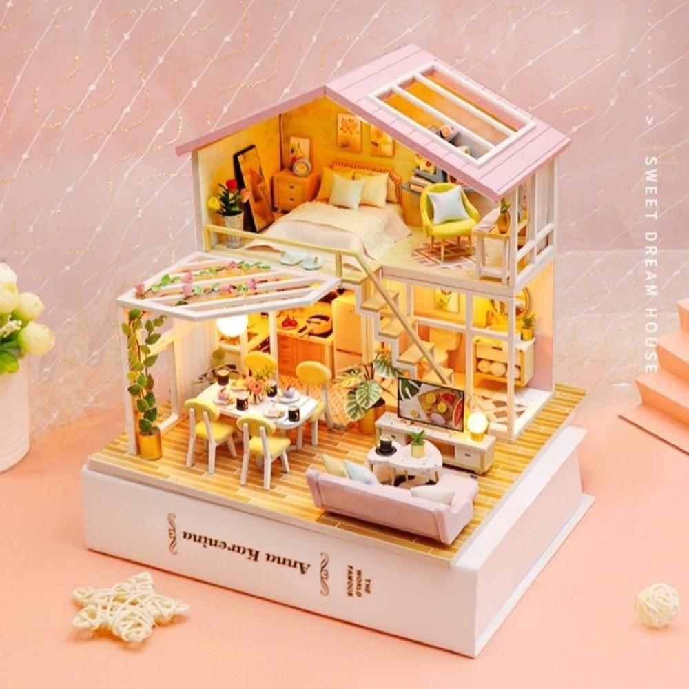 LED Light DIY Wooden Dollhouse Furniture Included Craft Dollhouse Hobbyists