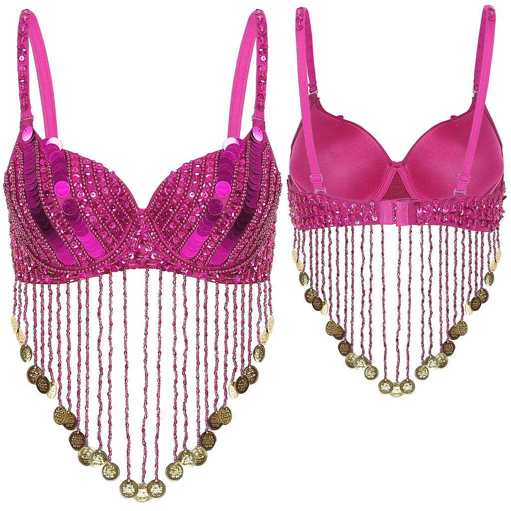Женский блестящий бюстгальтер на косточках с блестками, бусинами, кисточками и топами для танца живота Rave