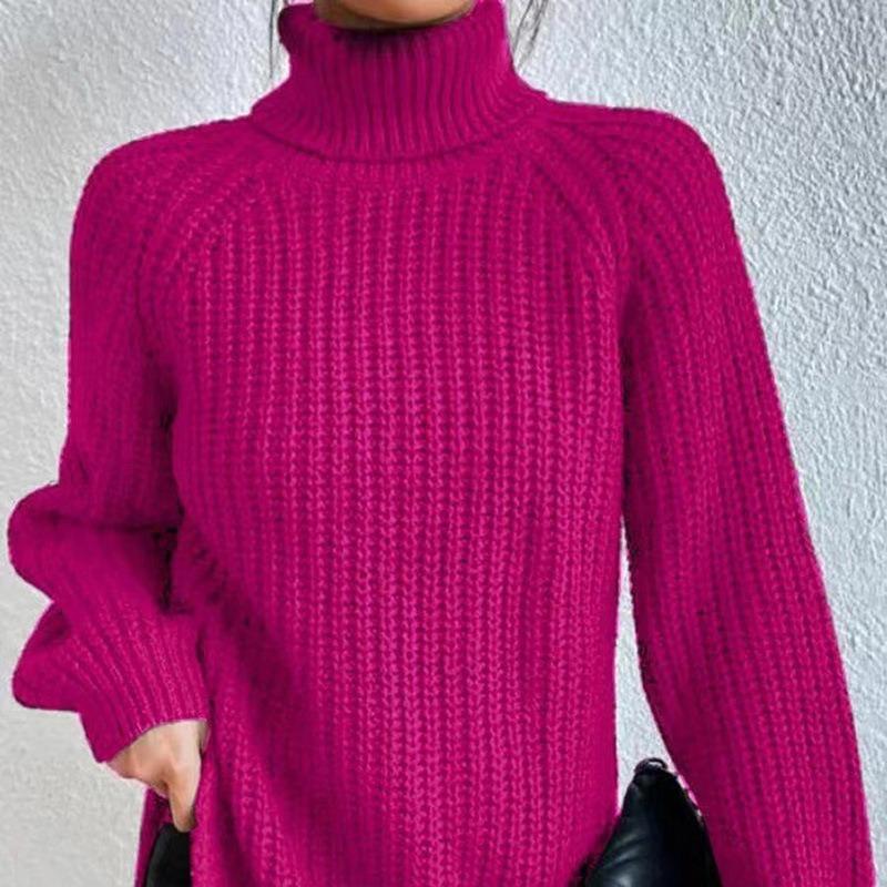 Autumn Winter Turtleneck Women Knitted Sweater New Fashion Long Sleeve Plus Size Split Pullover Sweaters Loose Casual Tops Solid Color Clothing 1681