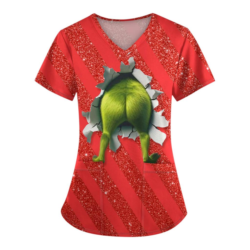 Women's Fashion Printed Short Sleeve V Neck Pattern Tops Pocket Working T-shirts