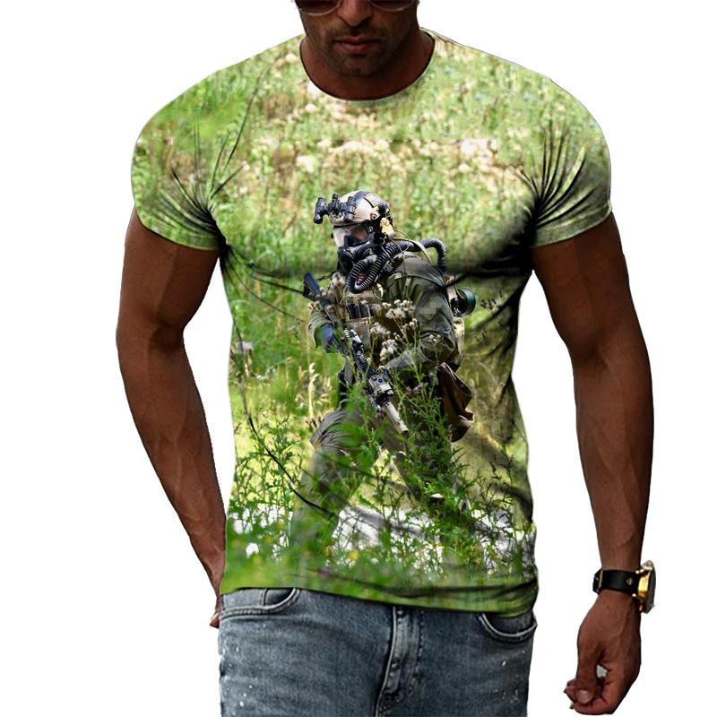 Summer Fashion Creative Image Men's T-shirt Round Collar Short Sleeve Tops Camouflage Uniform Soldier Special Forces Retro Gun