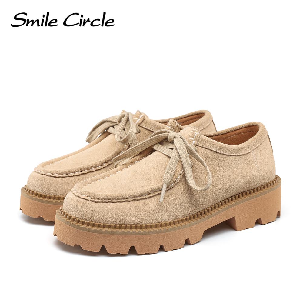 Женская обувь из коровьей замши на массивном каблуке, толстые туфли с круглым носком на шнуровке, модные повседневные женские туфли на плоской подошве