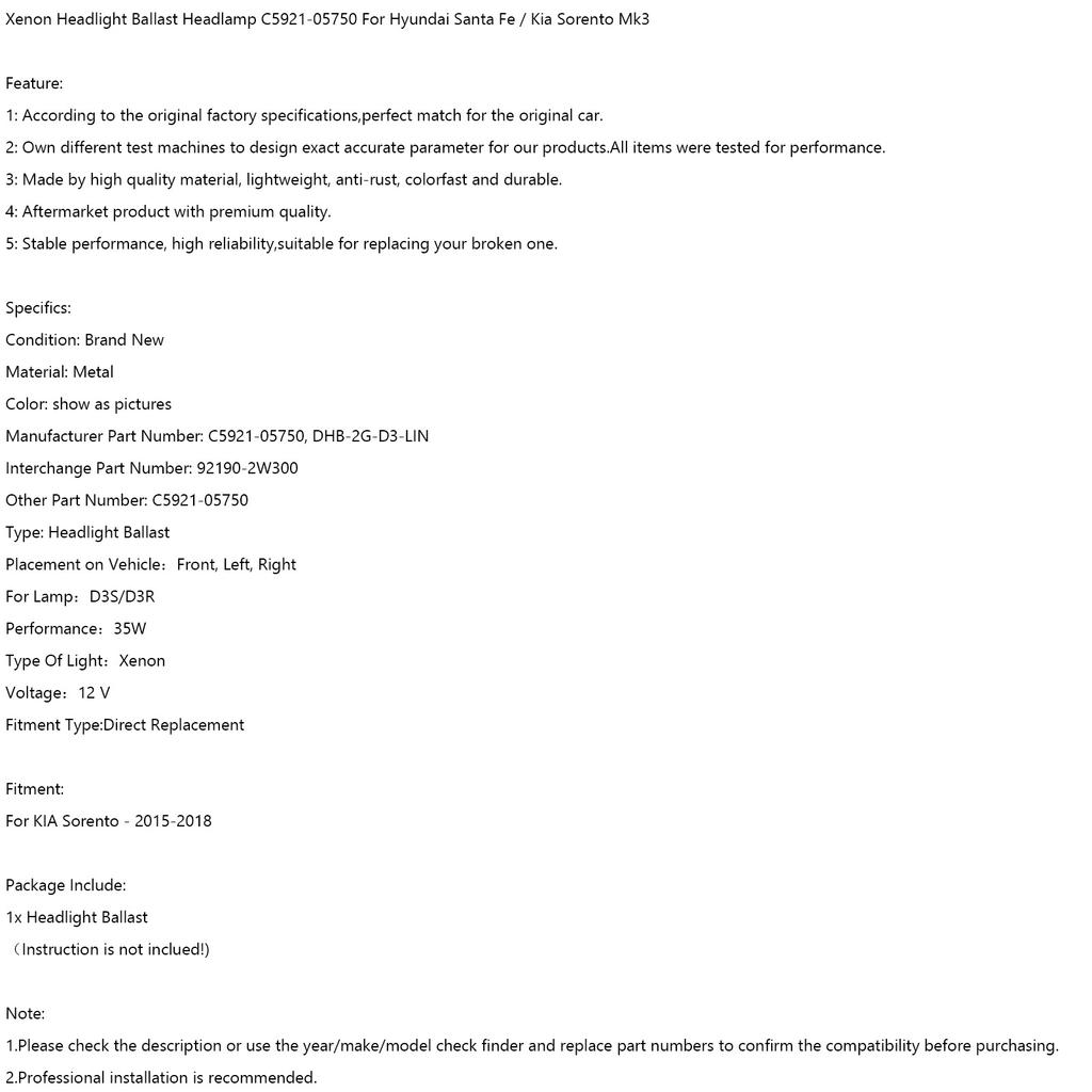 Xenon Headlight Ballast Headlamp C5921-05750 For Hyundai Santa Fe Kia Sorento
