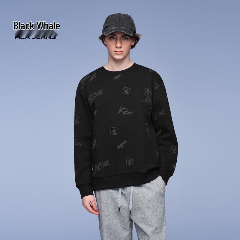 HLA Black Whale Men's 25 Letter Print Crew Neck Sweatshirt